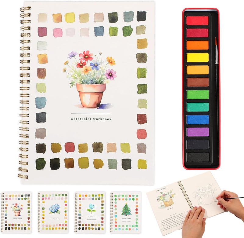 KOSIMI Watercolor Workbook – Water Coloring Book, Beginner Watercolor Painting Kit Paint Set Workbook with 12 Watercolor Paints & Brush (Potted Plant) - Image 1